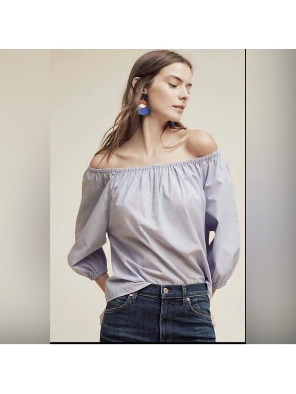 Anthropologie Maeve Blue Stripe Poplin Off Shoulder Top XS